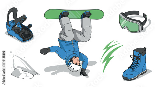 Snowboarding adventure: energized winter sports with gear and accessories in dynamic style