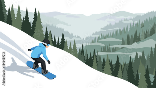 Peaceful winter snowboarding in scenic mountain landscape