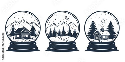 Cozy snow globes with houses and pine trees in snowy mountain landscapes