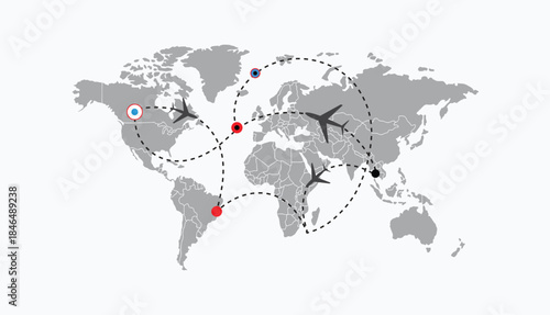 Airplane flying with dotted line route. Air travel journey concept. Aircraft flight path with start point, loop and destination.