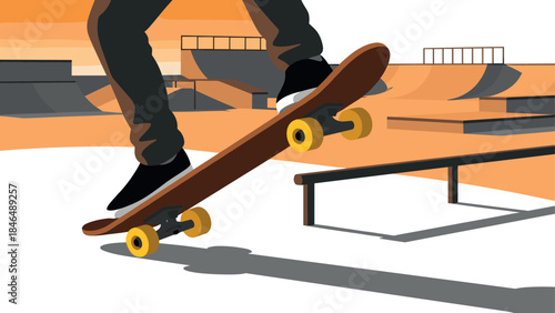 Skater performing tricks at skatepark in bold flat design