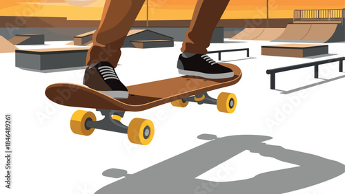 Dynamic skateboarding trick at sunset in urban skate park