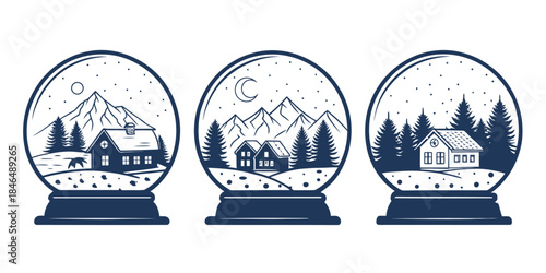 Winter wonderland snow globes with cozy houses and snowy landscapes