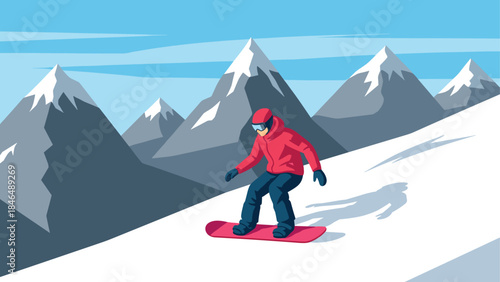Snowboarder descends mountain slope in flat style illustration of winter sport adventure