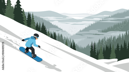Snowboarder in motion on mountain slope with pine trees and scenic winter landscape