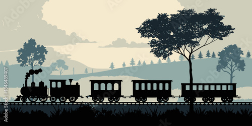 Vintage train travels through serene countryside landscape