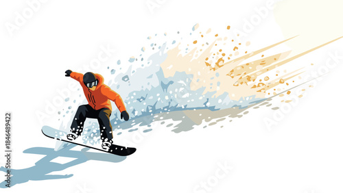 Dynamic snowboarding action with explosive splatter effect on white background