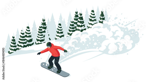Snowboarder in red jacket gliding down snowy hill with pine trees