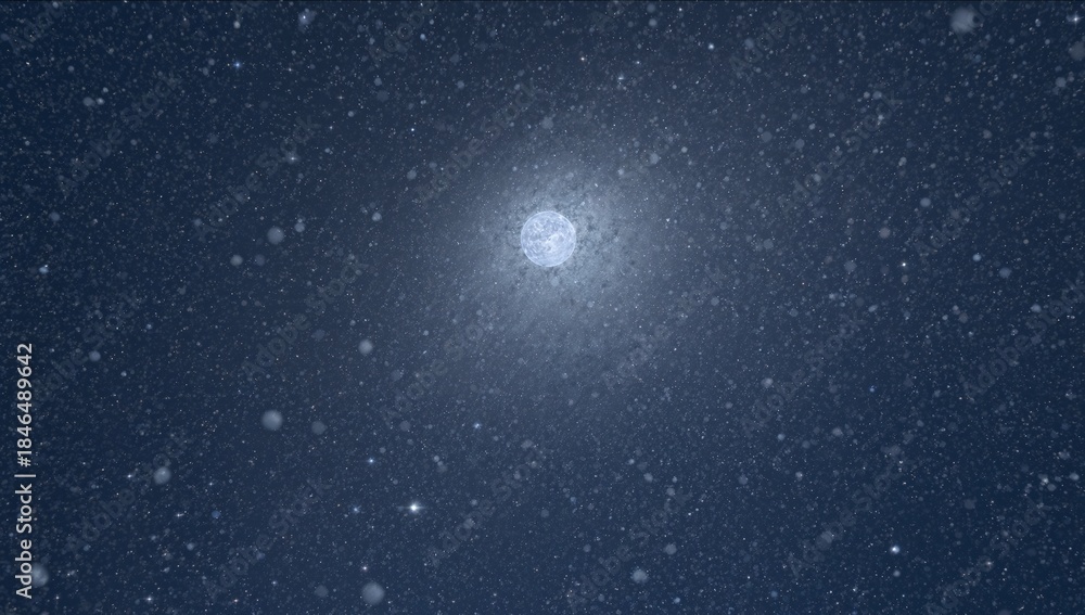 Naklejka premium Glowing bright full moon casting soft halo in night sky, with falling snow particles and stars