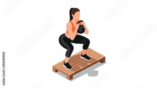 Woman exercising with kettlebell on step platform in isometric style
