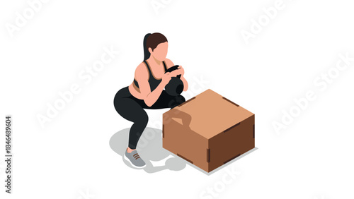 Isometric fitness training: woman doing kettlebell squats with box