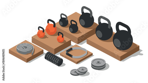 Isometric gym equipment collection: kettlebells, jump rope, resistance bands, and more