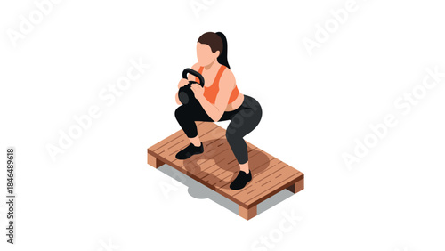 Isometric woman exercising with kettlebell on wooden platform