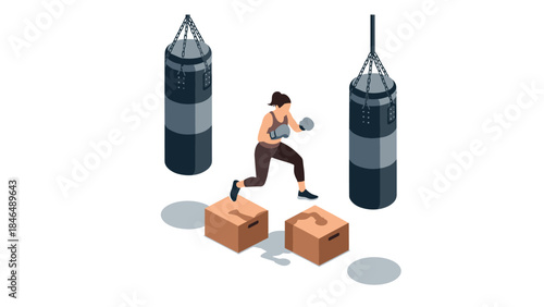 Isometric female boxer training with punching bags and boxes in gym setting