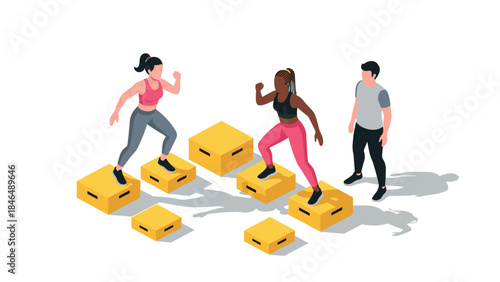 Isometric fitness training with jump boxes and diverse group