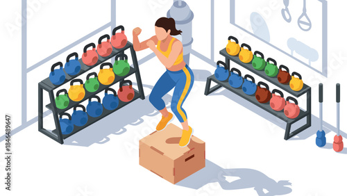 Athlete performing box jump in modern gym with kettlebell racks