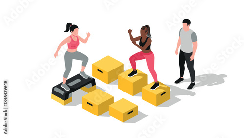 Isometric fitness workout with box jumps and diverse team training
