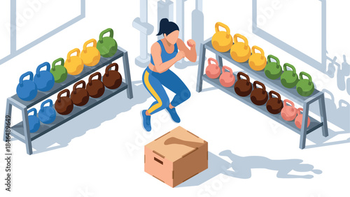 Woman exercising in gym with kettlebells and plyo box in isometric style