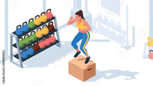 Isometric fitness training: woman performing box jumps in gym setting