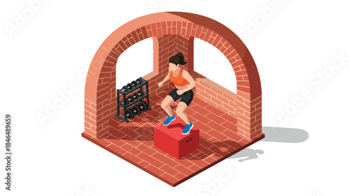 Isometric home gym workout: woman box jumping in brick room