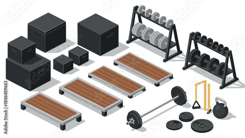 Isometric gym equipment set: barbells, dumbbells, plyo boxes, and more