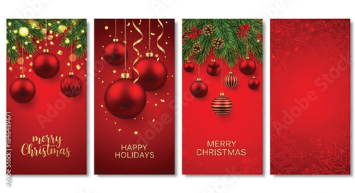 A set of four vertical christmas greeting cards with red background, hanging ornaments, and festive decorations.