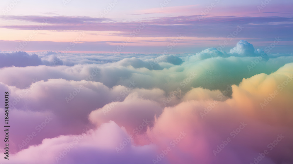 Obraz premium Colorful fluffy clouds in a vibrant pastel sky, a dreamlike aerial view of serene heaven