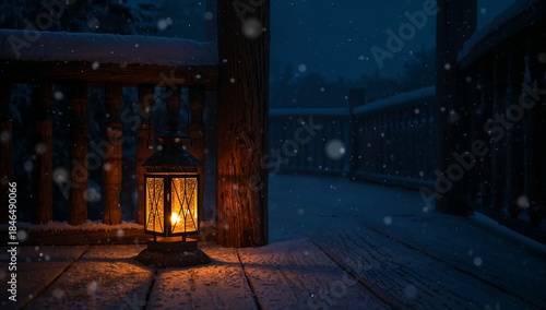 Glowing metal lantern, lit candle casting glow on snowy wooden deck at night, falling snowflakes