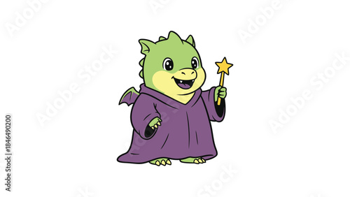 Cute green dragon in purple robe holding star wand smiling