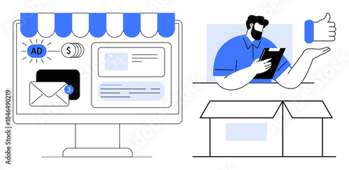 Online shopping, digital marketing, e-commerce tools, workflow automation, order processing, customer reviews. Computer monitor with store graphics, man managing orders shipping box. E-commerce
