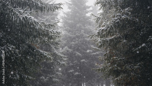 Framing central tall evergreen stand receding into snowy coniferous forest, with falling snowflakes