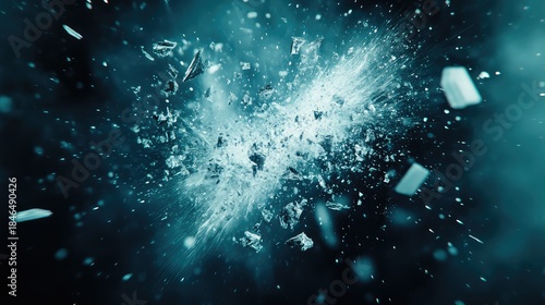 Dynamic explosion of transparent glass or ice shards scattering outwards from a central impact point against a dark teal background, conveying concepts of breaking, power, and abstract energy