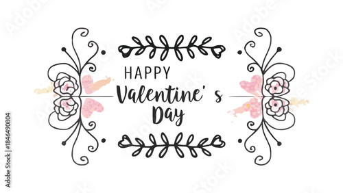 Happy valentine's day romantic greeting card composition with floral design and text on white