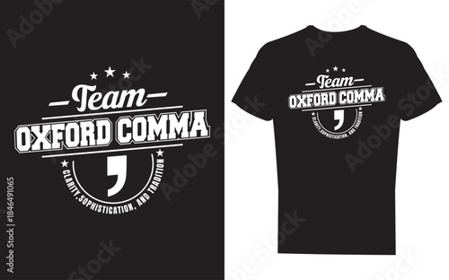 Black tshirt with team oxford comma logo on front and back