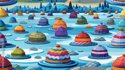 Colorful domed structures floating on water isolated on transparent background