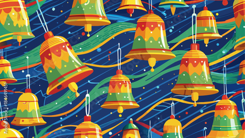 Colorful christmas bells pattern isolated on transparent background