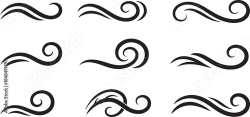 Hand drawn doodle wind blow vector set black and white line vector art 