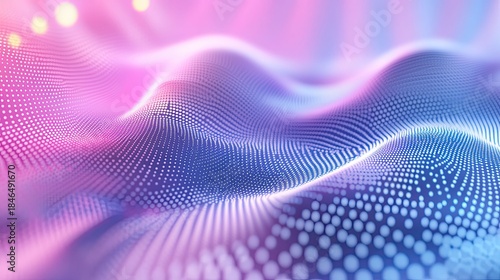 Abstract technology background showing glowing particles forming a wavy grid, representing a futuristic concept of sound, data, or energy fields in a vibrant color gradient