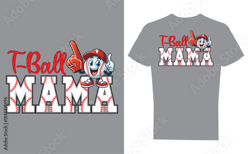 T ball mama design on gray t shirt with cartoon character