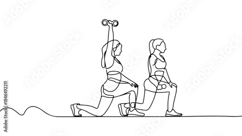 A single continuous line drawing depicts two individuals (likely women) simultaneously performing a compound exercise. 