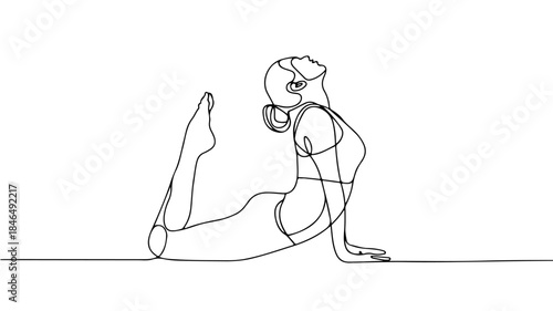 A single continuous line drawing depicts a person in a deep hip-opening and back-bending yoga posture on the ground.
