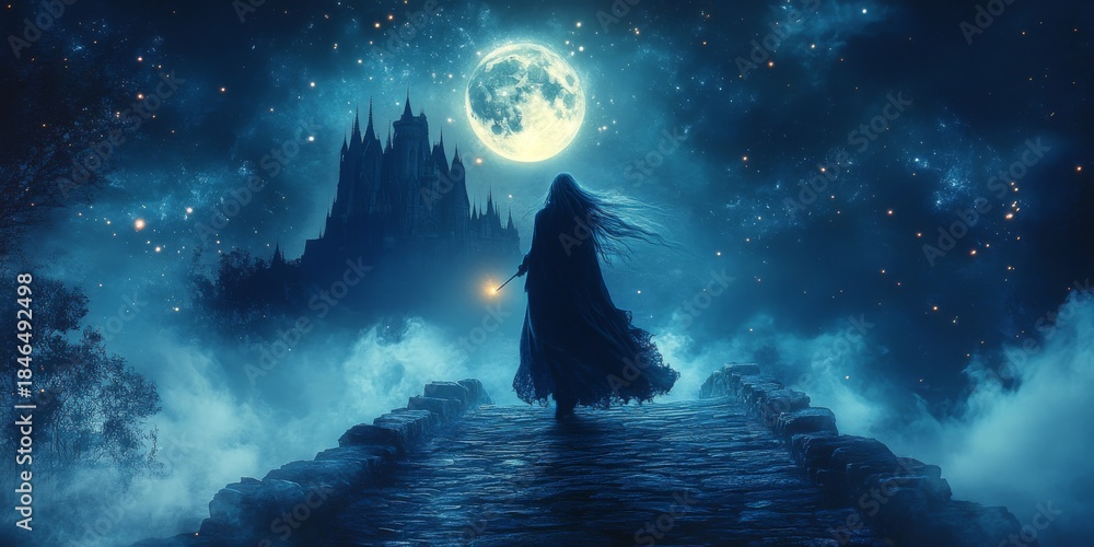 Fototapeta premium Witch walking to castle under full moon, fantasy concept
