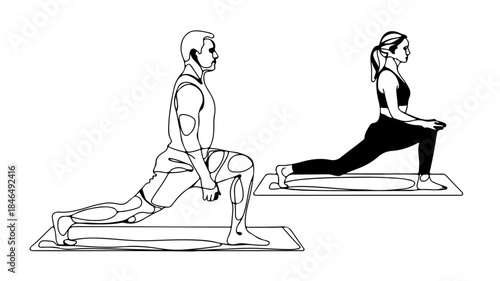 A single continuous line drawing depicts two individuals, a man and a woman, both in a low lunge or hip flexor stretch position on exercise mats.