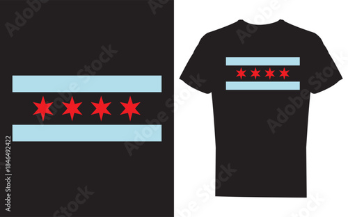 Black tshirt with red stars and teal stripes design on