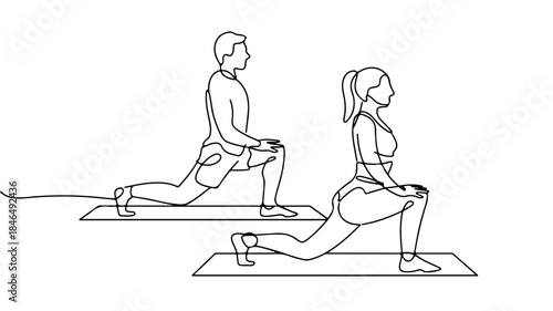 continuous line drawing depicts two individuals, a man and a woman, both in a low lunge or hip flexor stretch position on exercise mats.