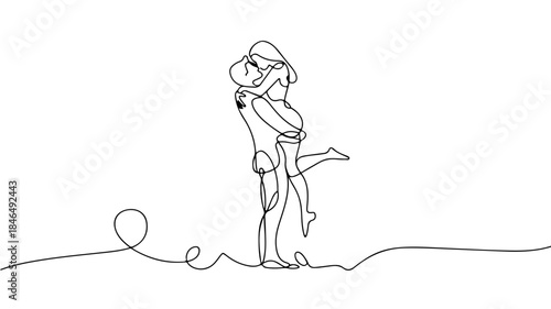 line drawing depicts a man and a woman in a loving embrace, where the man is lifting the woman off the ground and they are kissing. 