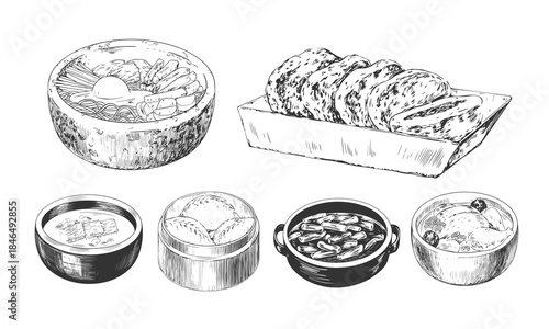 Set of Asian food. Collection of Korean dishes. Sketch style soup, sweet pies, noodles, chicken isolated in white background