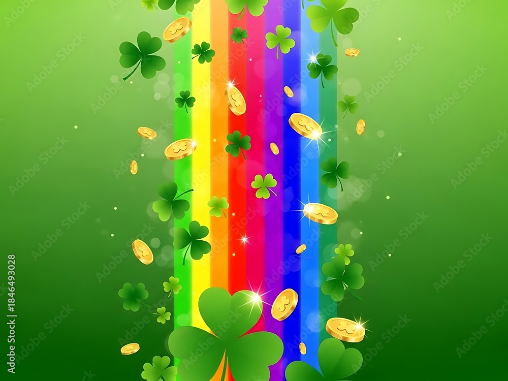Obraz premium Vibrant rainbow with shamrocks and gold coins for St. Patrick's Day
