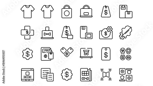 A grid of 24 minimalist line icons is presented on a white background, all adhering to a consistent, simple outline style. 
