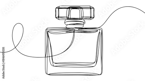 line drawing depicts an elegant, shaped perfume bottle, featuring a distinct cap, neck, and a clear view of the dip tube inside.